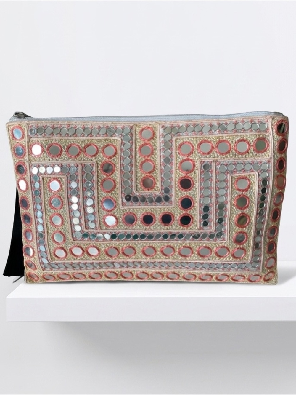Naf Naf Coral Boho Mirror Work Shisha Embroidered Zipper Pouch Clutch Bag